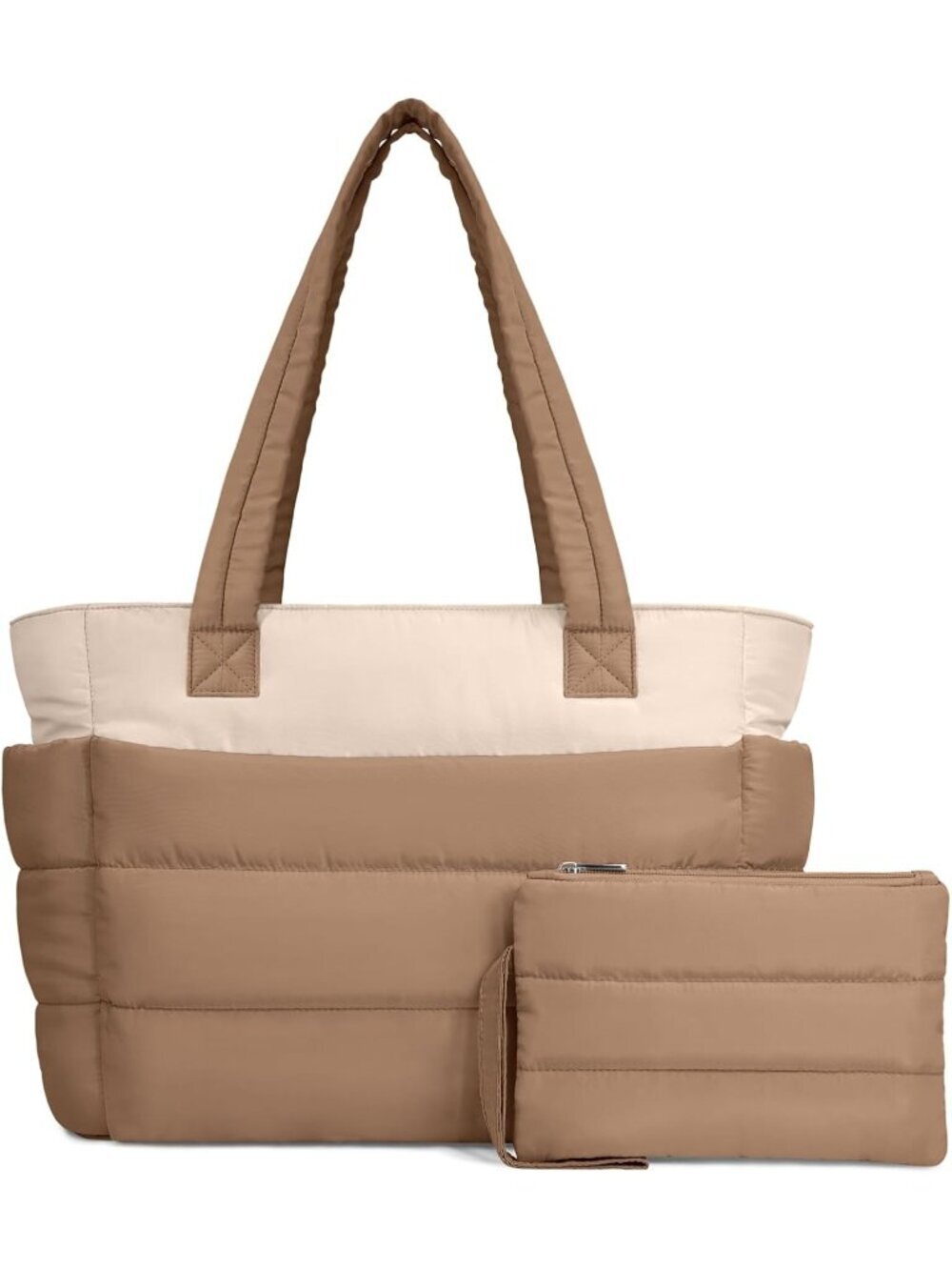 Women's Khaki/Beige Travel lightweight Puffy Tote Handbag Quilted Shoulder Bag